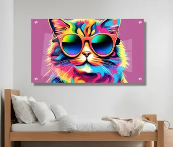 תמונת זכוכית לחדר ילדים - החתול הצבעוני איכות HD