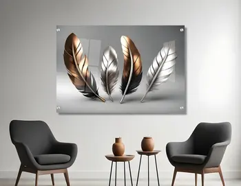 תמונת זכוכית תלת מימד נוצות בגווני זהב וכסף ברקע בהיר