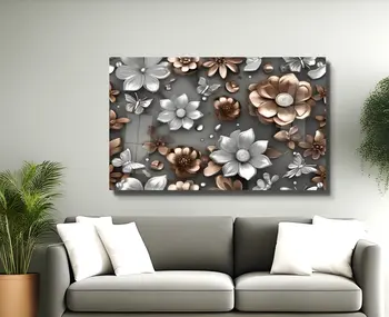 תמונת זכוכית פרחי אביב כסופים ומוזהבים