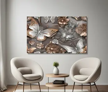 פרפרים מוזהבים ברקע פריחה כסופה תמונת זכוכית