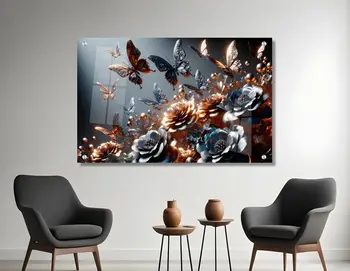 תמונת זכוכית "לילה זוהר" - פרחים ופרפרים בגווני זהב-שחור