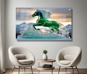 "הסוס הדוהר" בגווני ירוק בקבוק, תמונת זכוכית השראה לבית ולמשרד