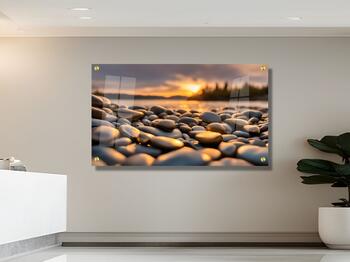 תמונת זכוכית מרהיבה לסלון ולמשרד חלוקי נחל צבעוניים