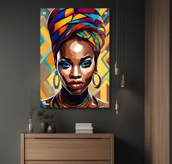 תמונת זכוכית מרהיבה לסלון ולמשרד אישה אפריקאית עם עגילים