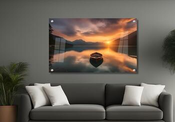 תמונת זכוכית מרהיבה לסלון ולמשרד סירה בשקיעה בלב האגם